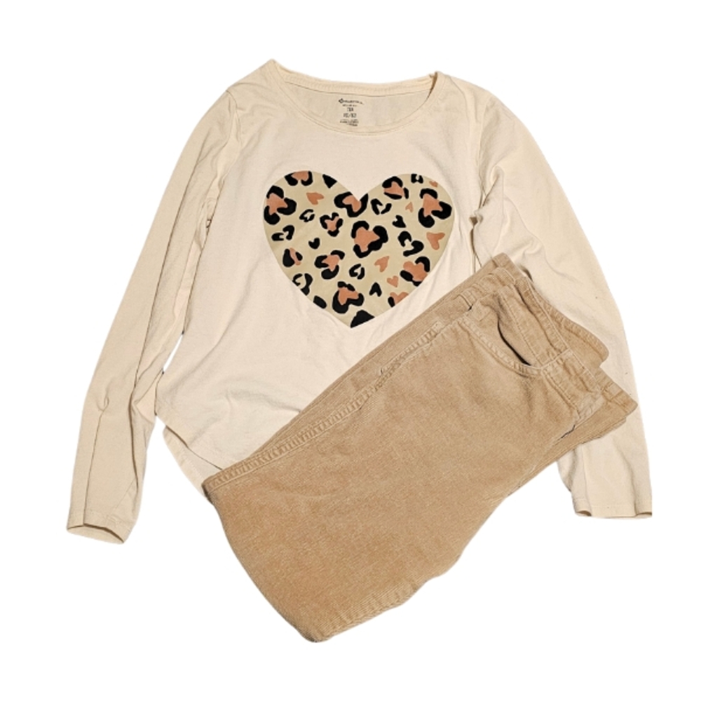 Leopard Heart Long Sleeve and Khaki Corduroy Pants Set Size 10 Winter Trendy